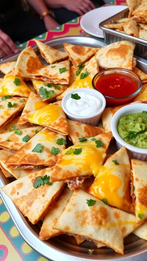 Cheesy Quesadilla Recipe for a Crowd A platter of cheesy quesadilla wedges with dips, garnished with cilantro.